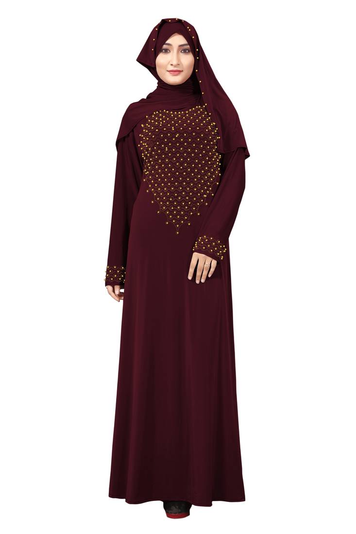 Dark Purple Color Soft Lycra Abaya Burqa With Golden Beads For Women