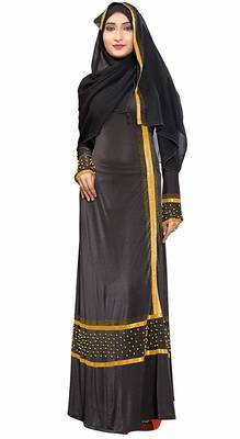 Women'S Plain Black Color Golden Satin Lace Work Abaya Burkha 1