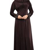 Women'S Brown Color Embosed Style Lycra Abaya Burkha With Waist Belt