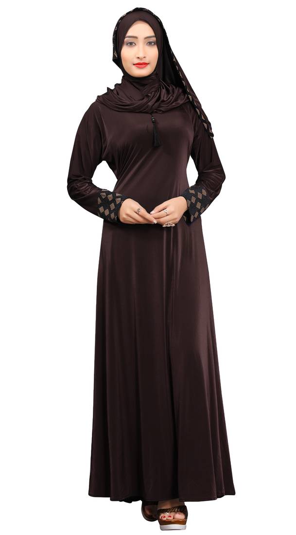 Women'S Brown Color Embosed Style Lycra Abaya Burkha With Waist Belt