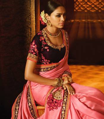 Pink plain faux fabric saree with blouse 2