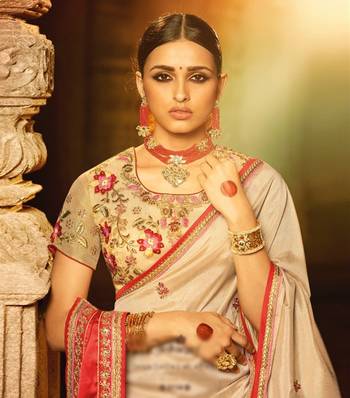 Beige plain faux fabric saree with blouse 3