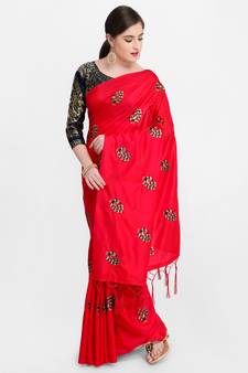 Red embroidered art silk saree with blouse