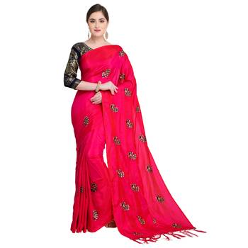 Pink embroidered art silk saree with blouse 1