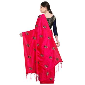 Pink embroidered art silk saree with blouse 2