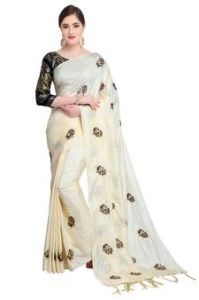 Off white embroidered art silk saree with blouse