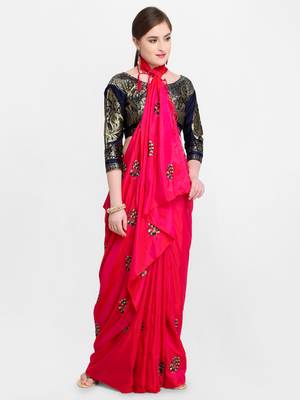 Pink embroidered art silk saree with blouse 5