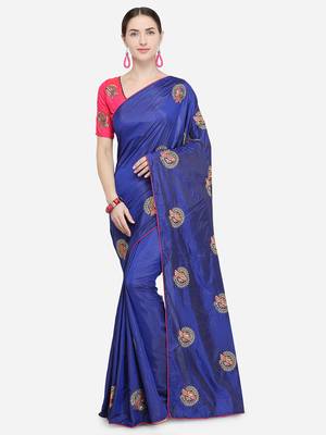 Navy Blue Embroidered silk blend Saree With Blouse 1