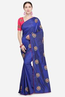 Navy Blue Embroidered Art Silk Saree With Blouse