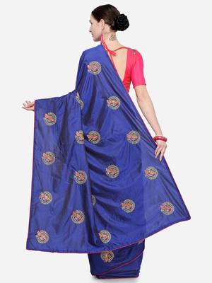 Navy Blue Embroidered silk blend Saree With Blouse 2