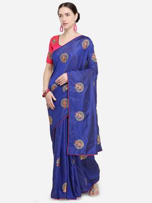 Navy Blue Embroidered silk blend Saree With Blouse 3