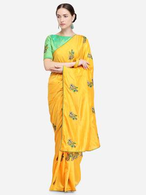 Yellow Embroidered silk blend Saree With Blouse 1