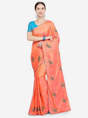 Peach embroidered art silk saree with blouse 1