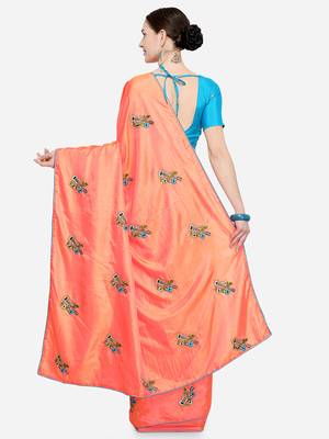 Peach embroidered art silk saree with blouse 2