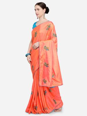Peach embroidered art silk saree with blouse 3