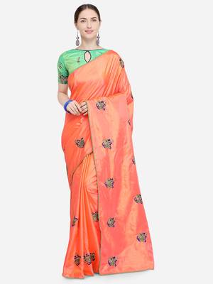 Peach embroidered art silk saree with blouse 1