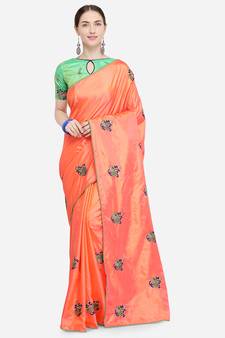 Peach embroidered art silk saree with blouse