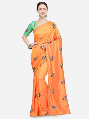 Orange Embroidered silk blend Saree With Blouse 1