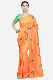 Orange Embroidered Art Silk Saree With Blouse