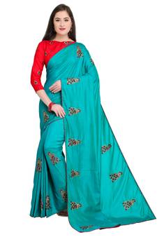 Teal embroidered art silk saree with blouse