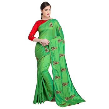 Parrot Green Embroidered Art Silk Saree With Blouse 1