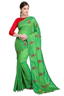 Parrot Green Embroidered Art Silk Saree With Blouse