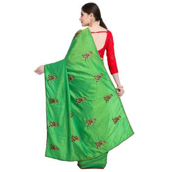 Parrot Green Embroidered Art Silk Saree With Blouse 2