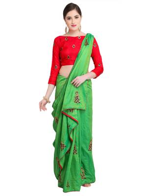 Parrot Green Embroidered Art Silk Saree With Blouse 4