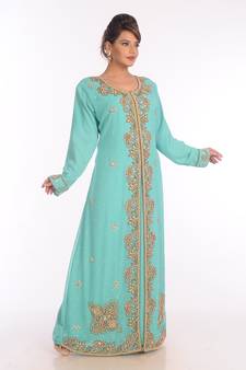 Turquoise Georgette Embroidered Zari Work Islamic Kaftans