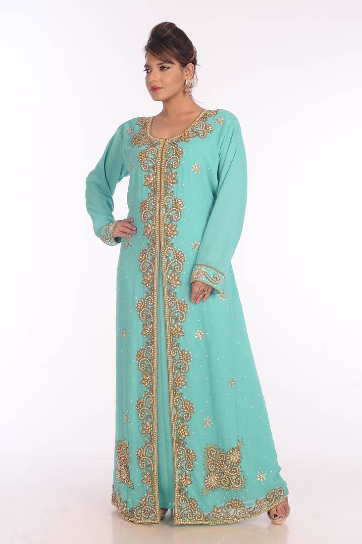 Turquoise Georgette Embroidered Zari Work Islamic Kaftans