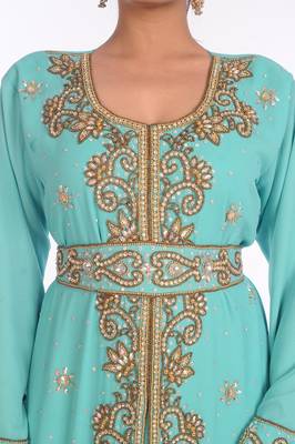 Turquoise Georgette Embroidered Zari Work Islamic Kaftans 4