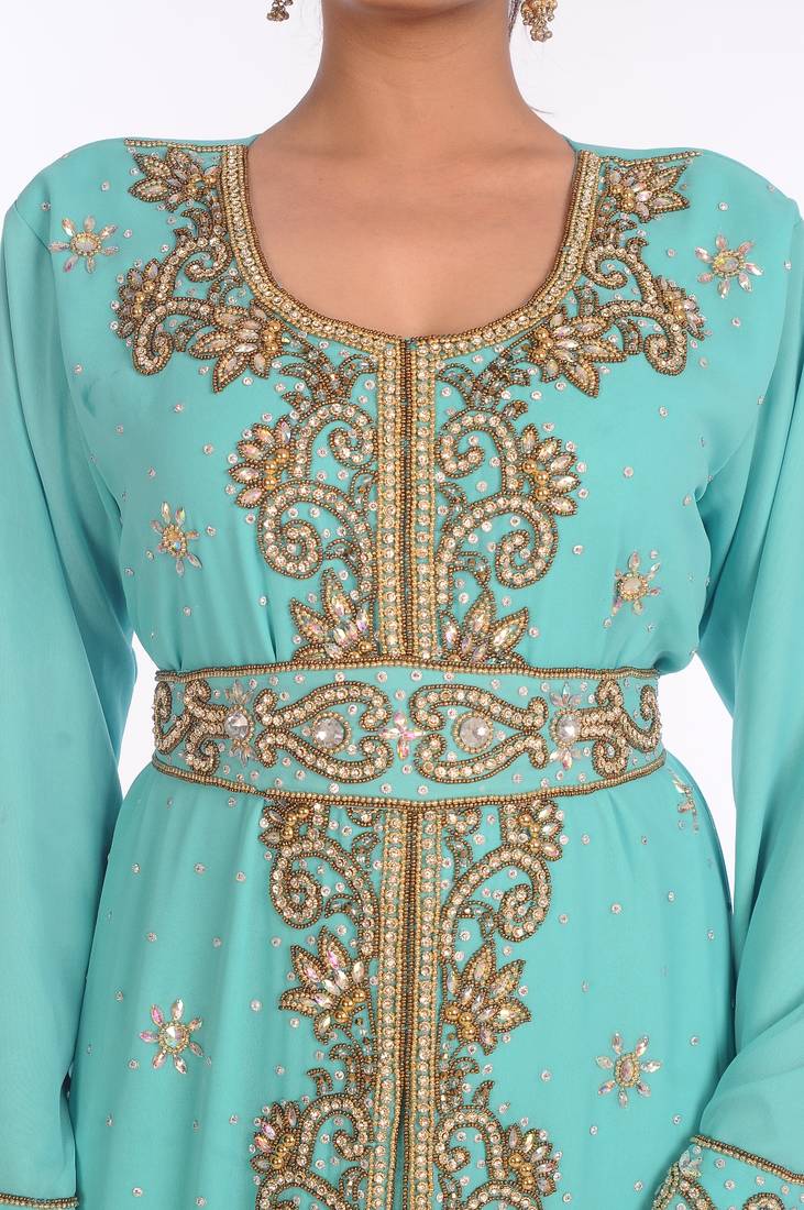 Turquoise Georgette Embroidered Zari Work Islamic Kaftans
