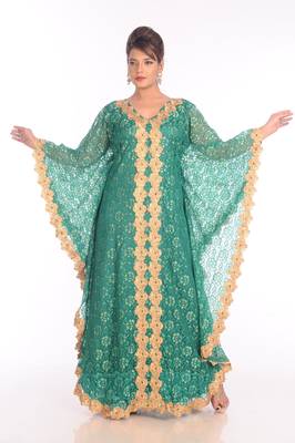 Green Net Embroidered Zari Work Islamic Kaftans 1