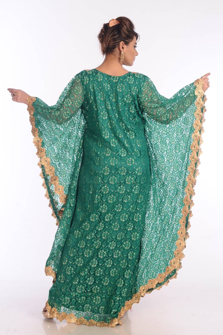 Green Net Embroidered Zari Work Islamic Kaftans