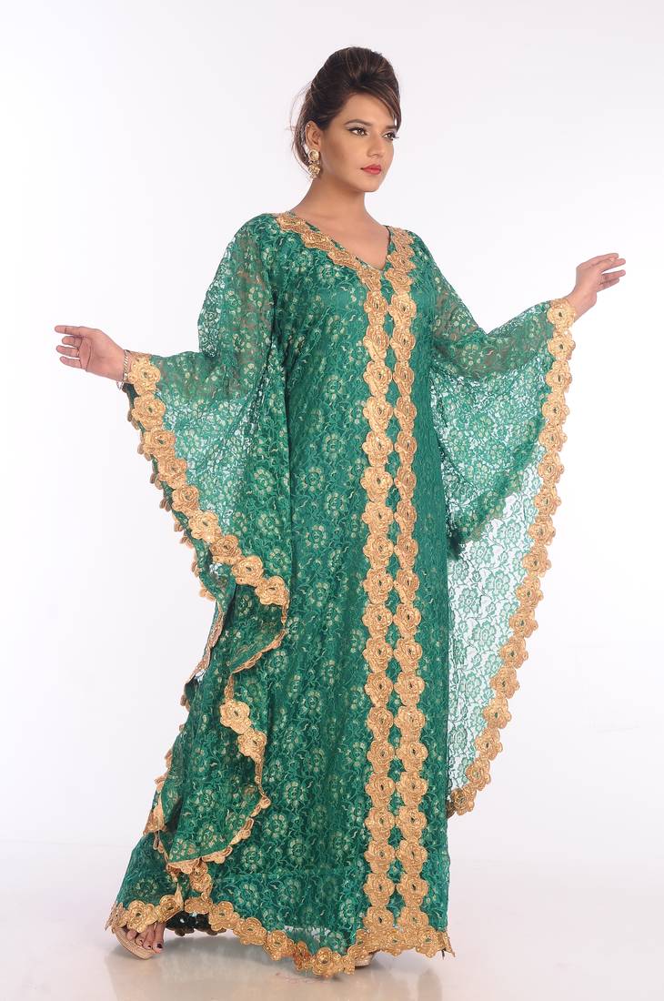 Green Net Embroidered Zari Work Islamic Kaftans