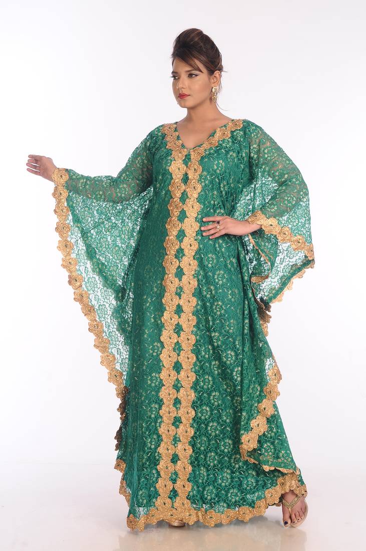 Green Net Embroidered Zari Work Islamic Kaftans