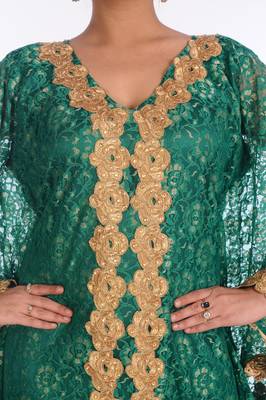 Green Net Embroidered Zari Work Islamic Kaftans 5
