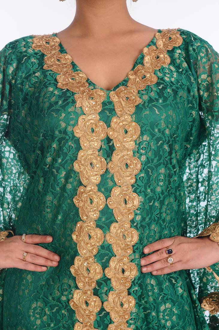 Green Net Embroidered Zari Work Islamic Kaftans
