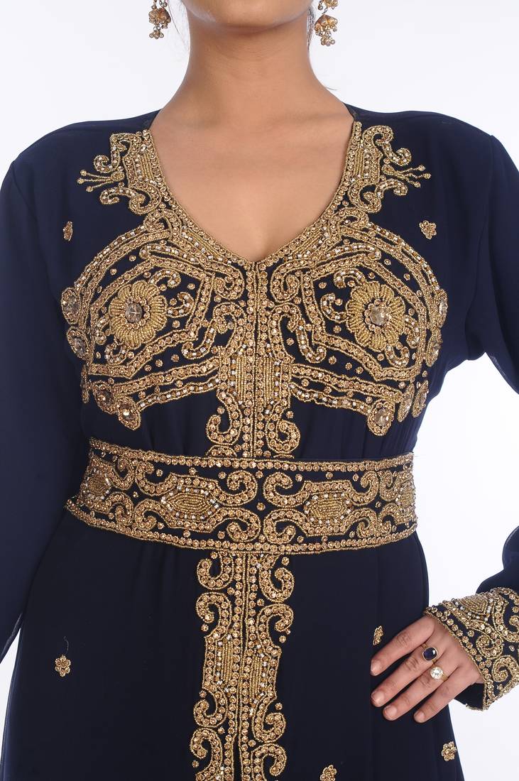 Navy Blue Georgette Embroidered Zari Work Islamic Kaftans