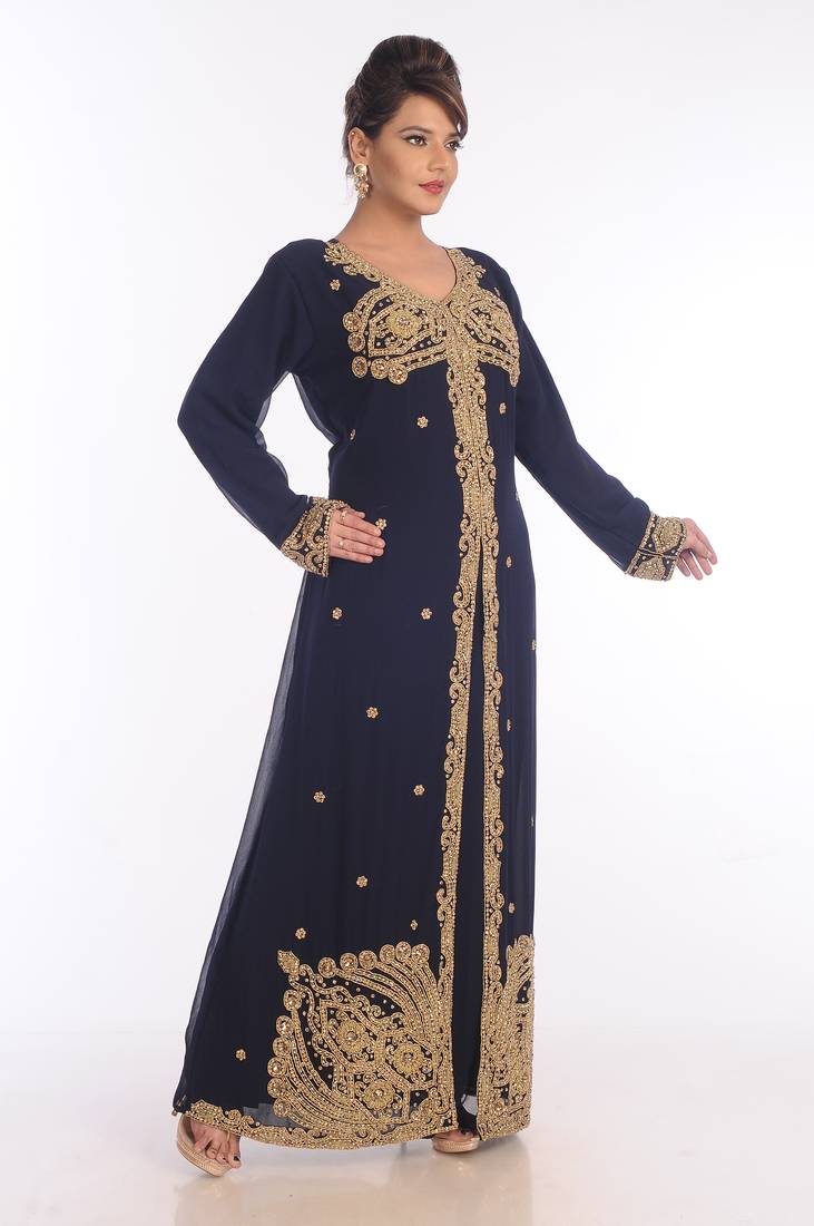 Navy Blue Georgette Embroidered Zari Work Islamic Kaftans