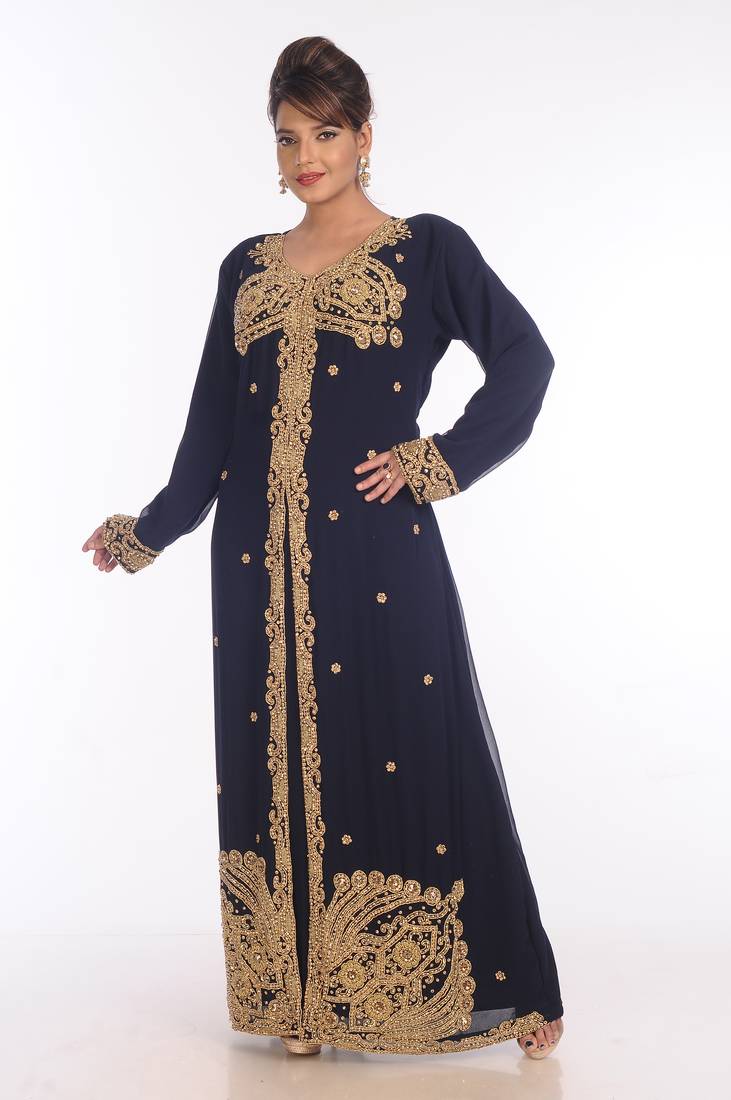 Navy Blue Georgette Embroidered Zari Work Islamic Kaftans