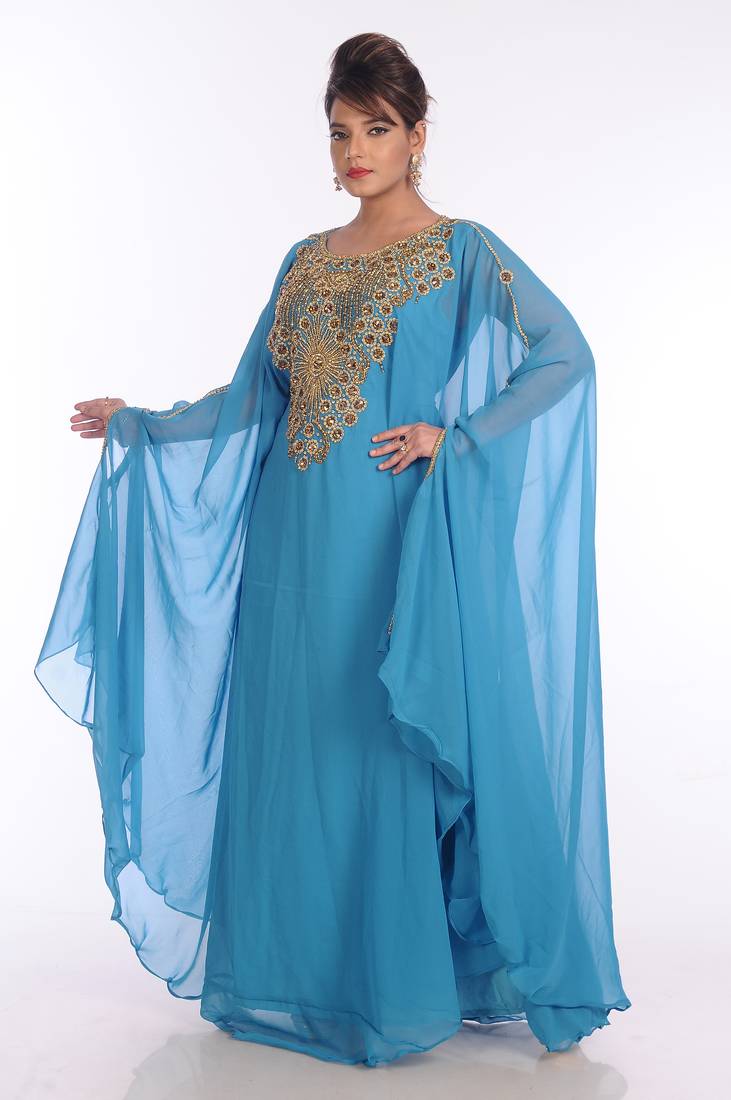 Blue Georgette Embroidered Zari Work Islamic Kaftans