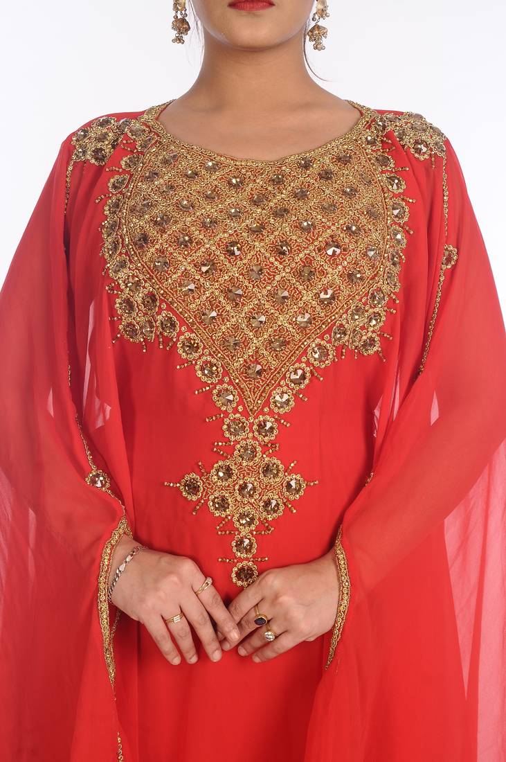 Peach Georgette Embroidered Zari Work Islamic Kaftans