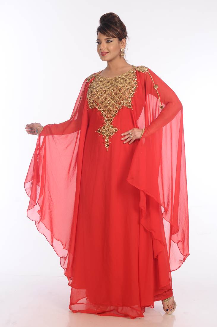 Peach Georgette Embroidered Zari Work Islamic Kaftans