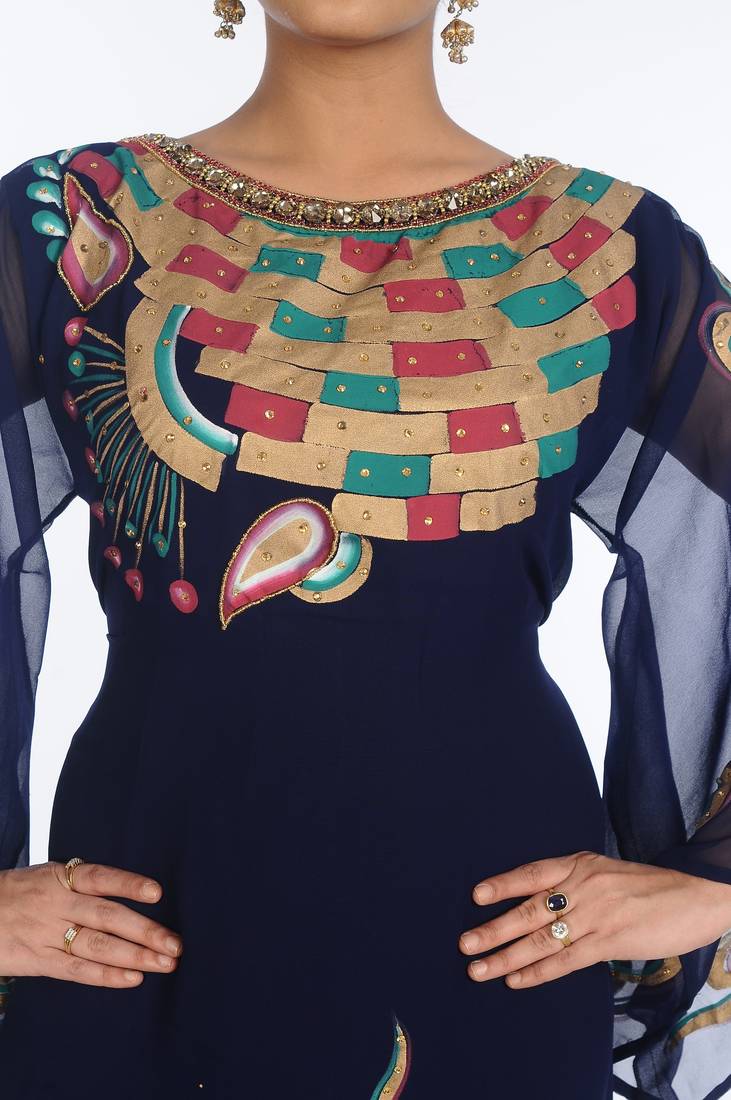 Navy Blue Georgette Embroidered Zari Work Islamic Kaftans