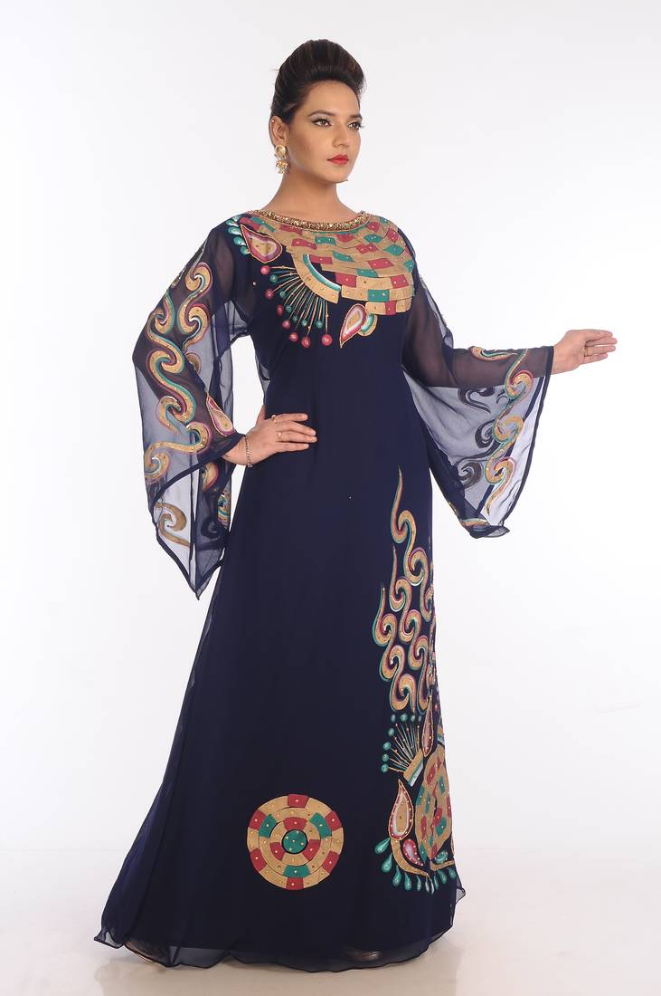 Navy Blue Georgette Embroidered Zari Work Islamic Kaftans
