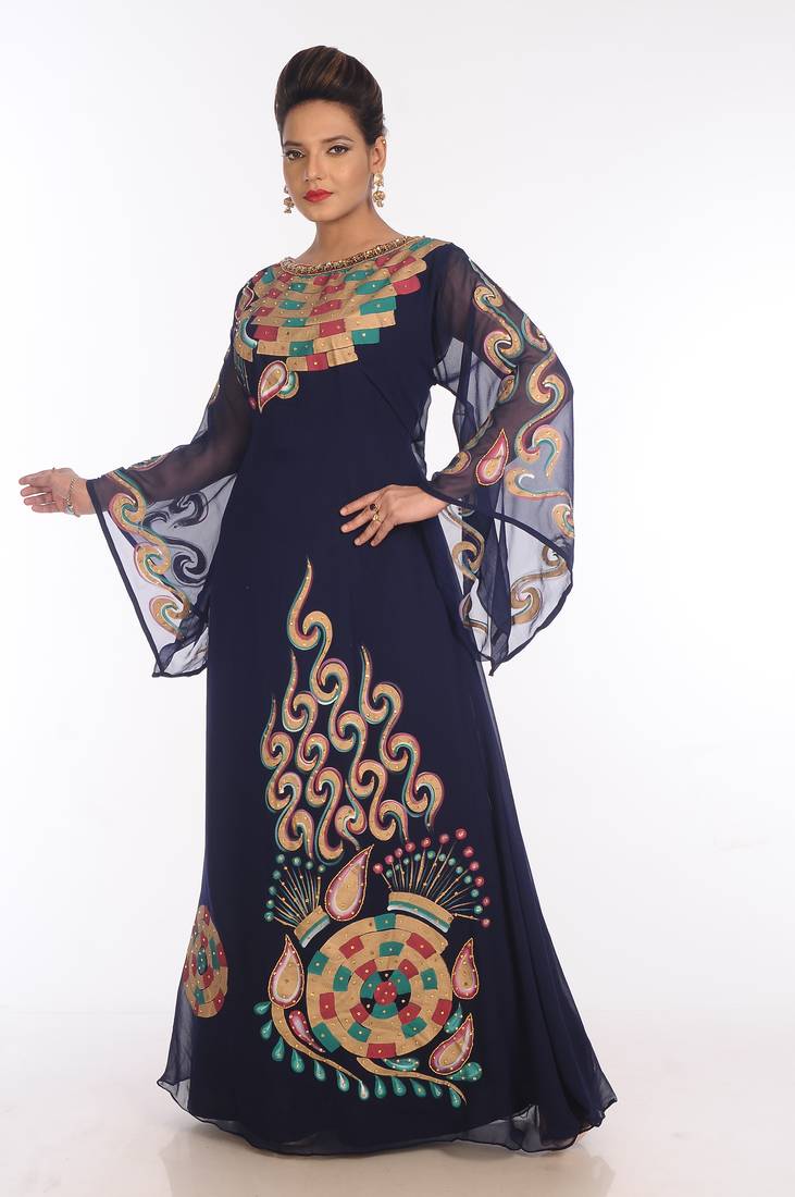 Navy Blue Georgette Embroidered Zari Work Islamic Kaftans