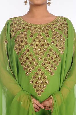 Dark Parrot Green Georgette Embroidered Zari Work Islamic Kaftans 3