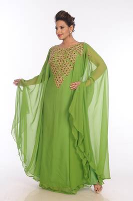 Dark Parrot Green Georgette Embroidered Zari Work Islamic Kaftans 5