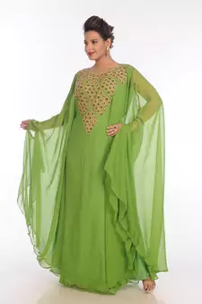 Dark Parrot Green Georgette Embroidered Zari Work Islamic Kaftans